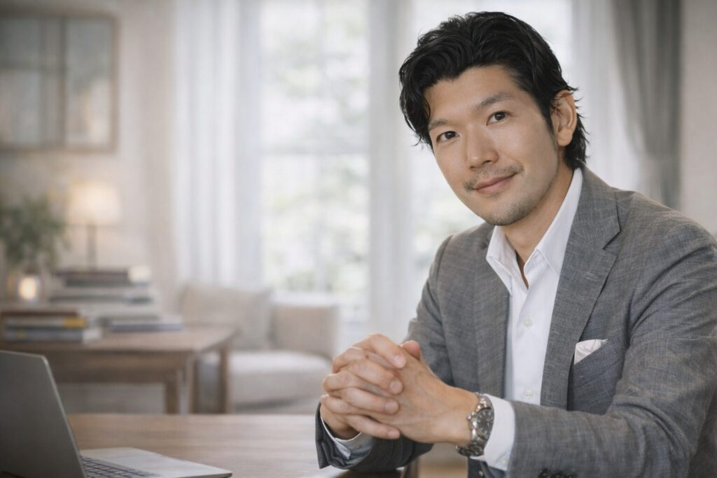 刈谷洋介の自分史 — Chapter 5:転換|天国と地獄の30代(前編)国際結婚と私費留学で迎えた「OSの強制終了」 デスクの前で穏やかに微笑む刈谷洋介。自分史第5章「転換(前編)」の扉絵。