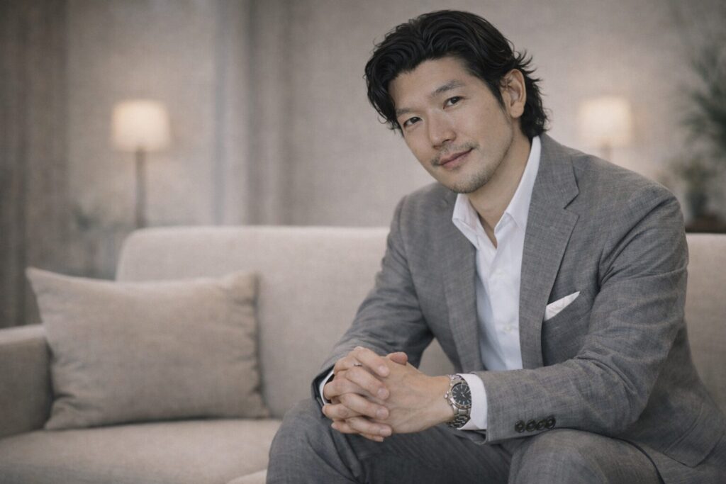 ソファに座り、穏やかな表情で相談者を迎えるコーチの刈谷洋介。実績3,200時間・PCC・MBAの知見を背景に、誠実な対話を予感させる1枚。