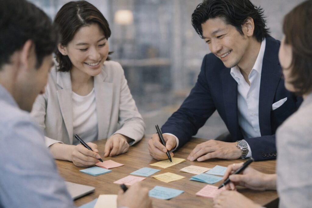 MBAとPCCの知見を持つコーチ刈谷洋介が進行する企業向けワークショップ（法人研修）。参加メンバーと付箋を使いながら活発に議論し、個人の強みと組織の課題を可視化して統合していく様子。