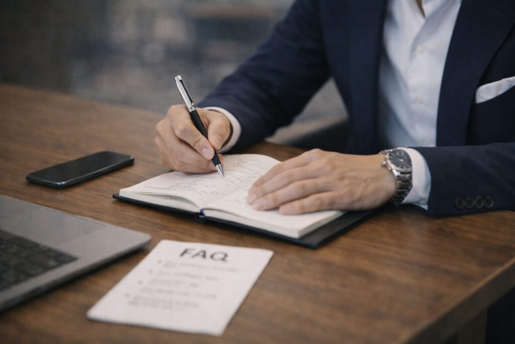 「FAQ」と書かれた紙の横で、ノートに回答を書き留めるコーチ刈谷洋介の手元。実績3,200時間・PCC・MBAの知見を基に、クライアントの疑問に対して丁寧に言葉を紡ぐ様子。