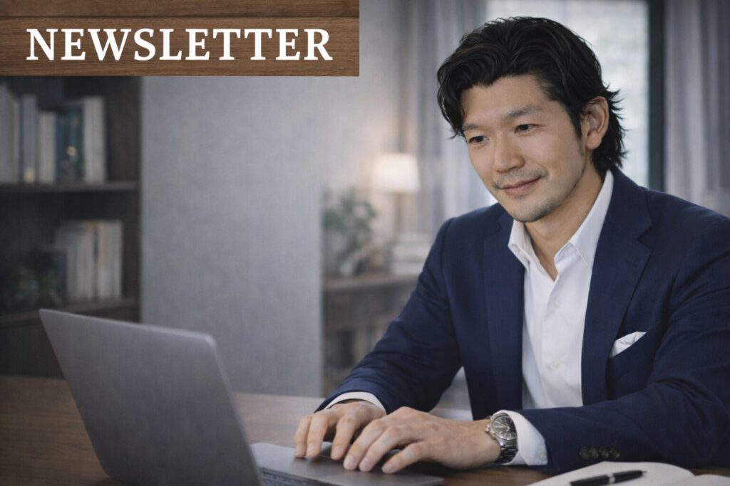 PCでメルマガを執筆するプロフェッショナルコーチの刈谷洋介。3,200時間の実績とPCC・MBAの知見を統合し、内面と外面を一致させるための本質的な気づきを綴るイメージ。