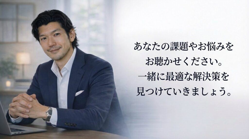 穏やかな表情で相談者を迎えるコーチの刈谷洋介。実績3,200時間・PCC・MBAの知見を背景に、誠実な対話を予感させる1枚。