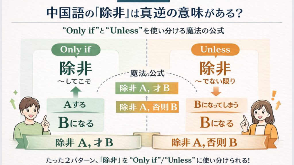 中国語の接続詞「除非」の2つのパターン（限定の才・排除の否则）を比較した一覧表。意味、セットになる言葉、英語のイメージが対比されている。